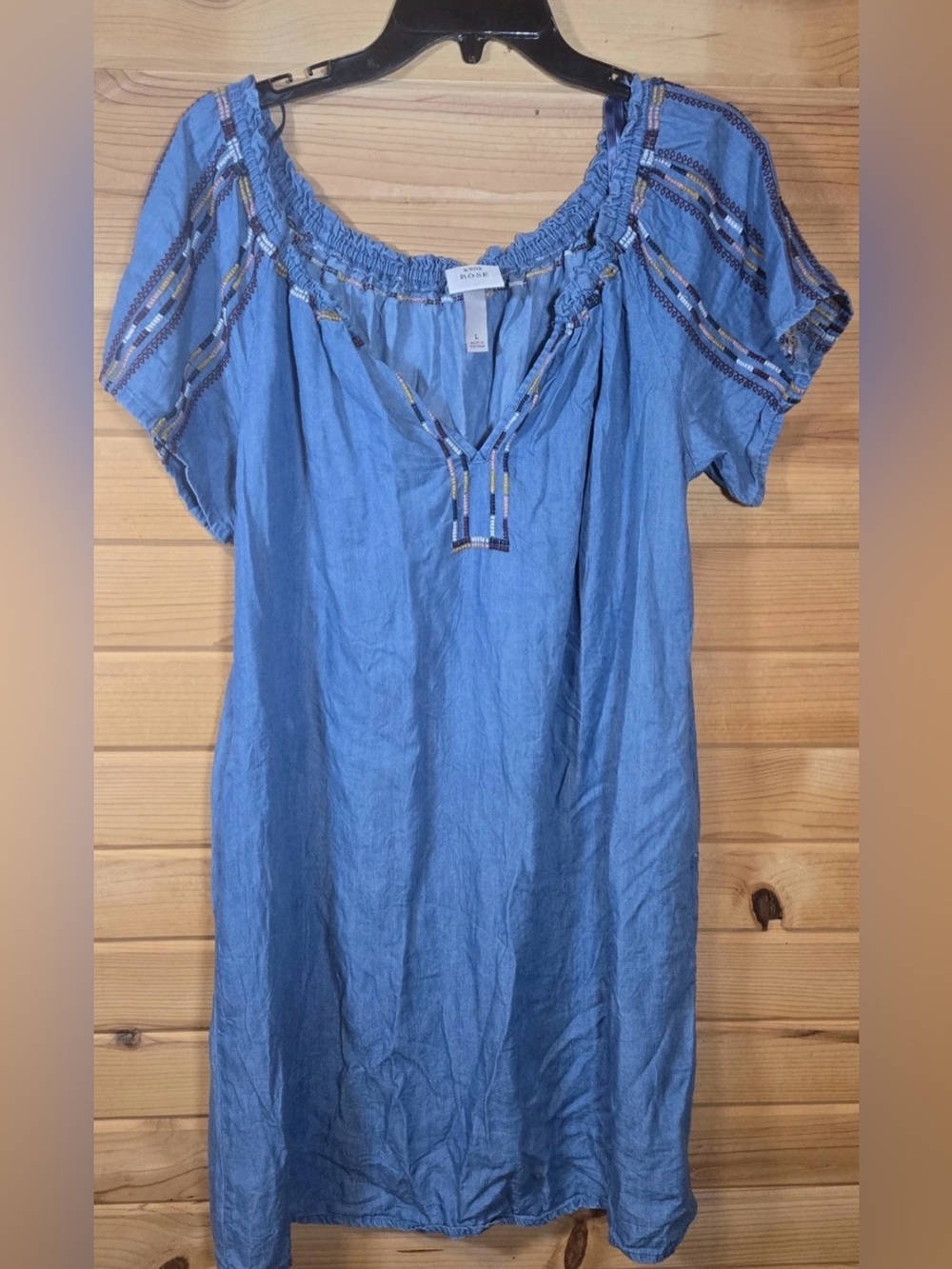 Knox Rose Boho Embroidered Chambray Shirt Dress SZ LG - Picture 2 of 9